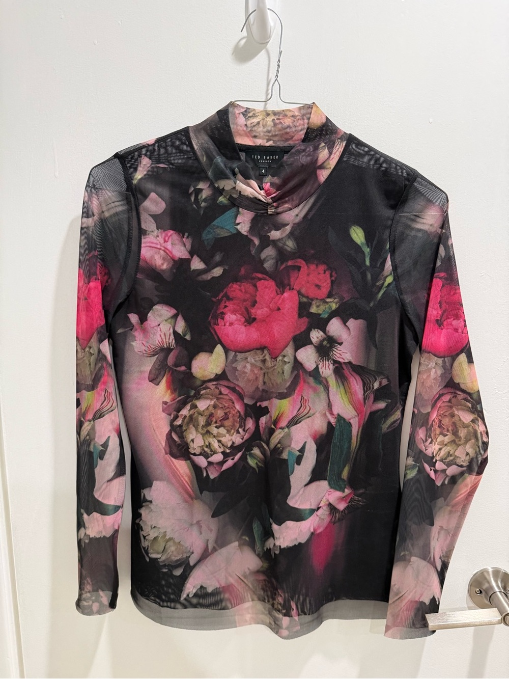 Ted Baker Black Mesh Long-Sleeve Top with Pink Floral Print